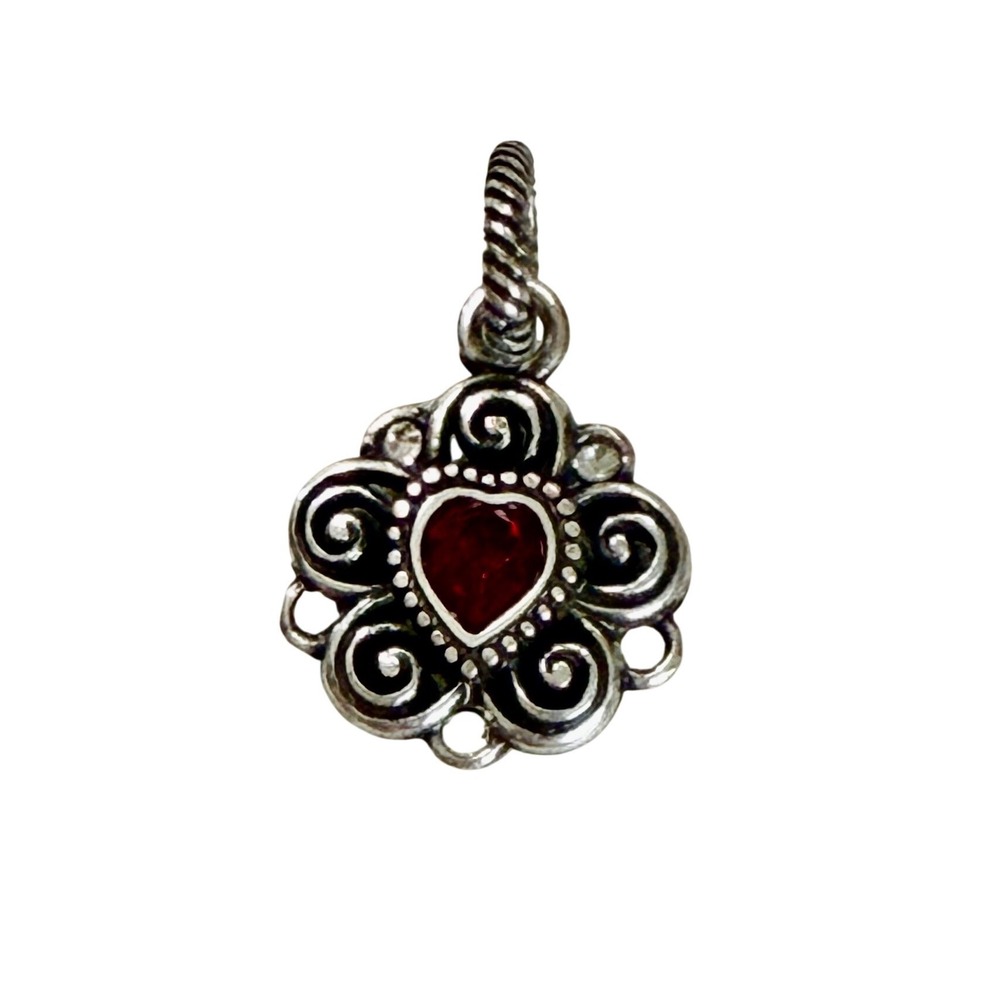 Brighton Silver Tone Scroll Heart Charm Red Birthstone Reversible Pendant